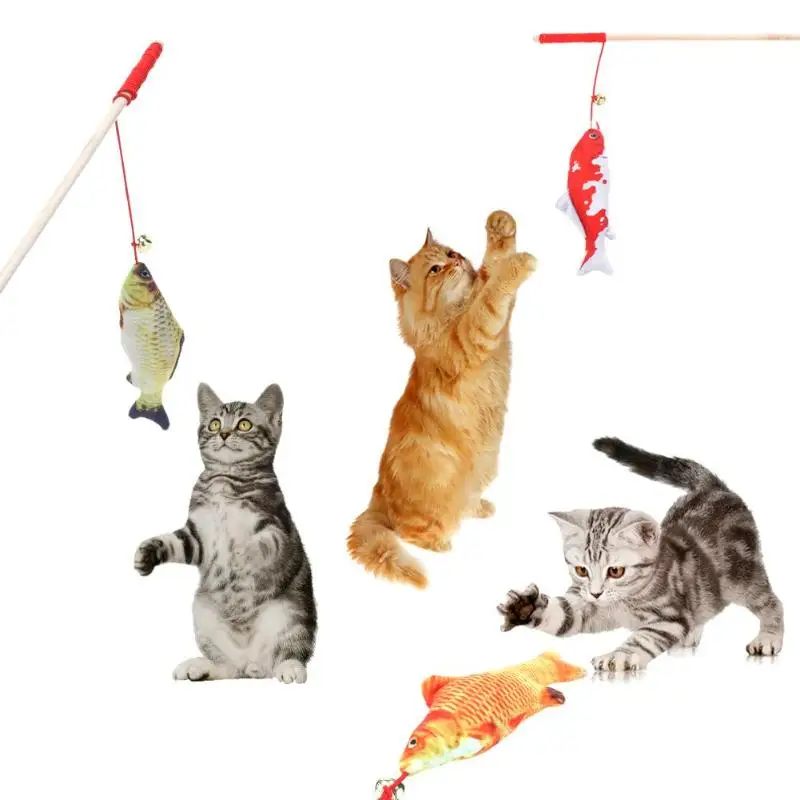 Деревянные удочки-палочки для кошек, плюшевые мягкие рыбки, игрушки для кошек С Кошачьей Мятой, колокольчик, интерактивный тизер, обучающие игрушки для кошек