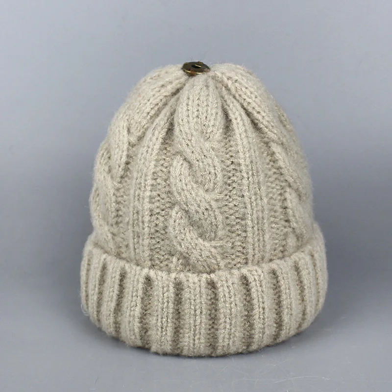 Зимние вязаные шапки Skullies, Лыжные шапки, теплая шапка для мальчиков и девочек, детей, взрослых женщин, брендовая шапка с помпоном из натурального меха енота - Цвет: Hat Beige