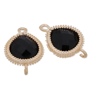 

5pcs Black Faceted Glass Gem Stones Charms Connectors 2 Loops Alloy Setting 13X18.5 mm-C4150