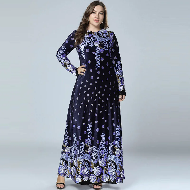 

Winter Abaya Muslim Dress Arabic Abayas Printed Velvet Pakistani Dubai Islamic Print Warm Dresses Navy Blue vestido