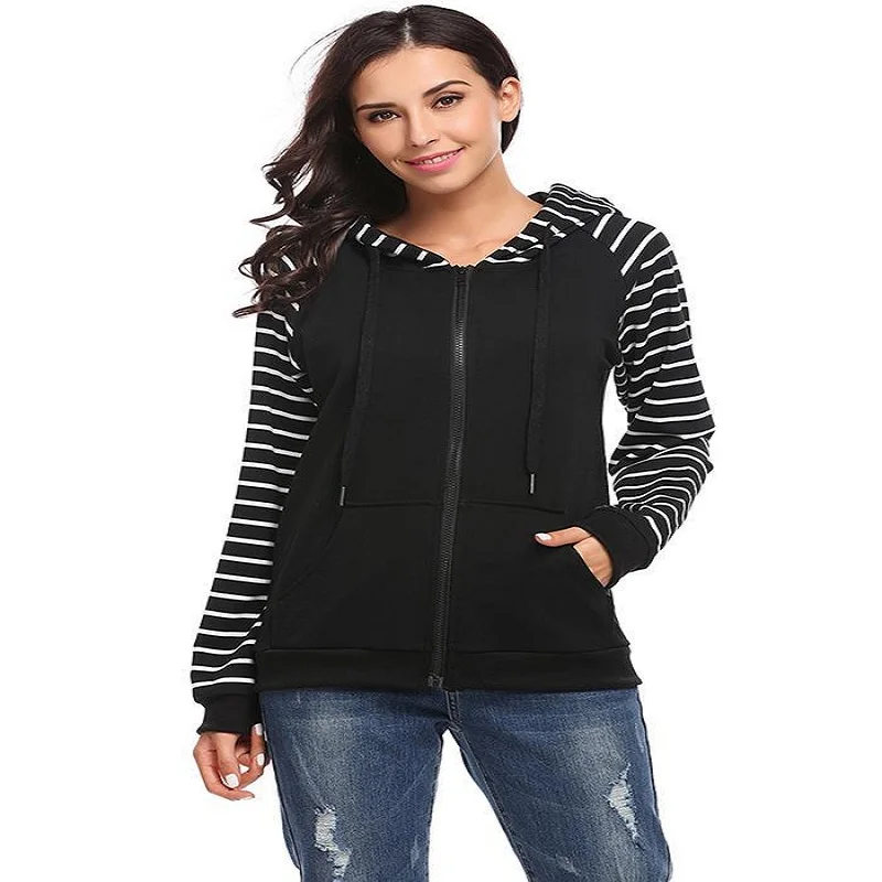 None Casual Drawstring Hooded Full Zip Striped Patchwork Women's Hoodie ...