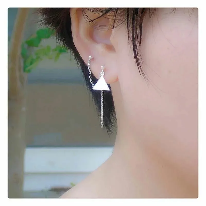 

New 925 Sterling Silver Earrings two ear hole conjoined drop Triangle star ear studs short paragraph small tassel wild geometry