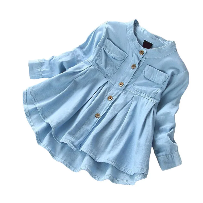 2 7Y Baby Girls Jeans Shirts Children Long Sleeve Denim Girl Jeans Blouses Dress Clothing Spring