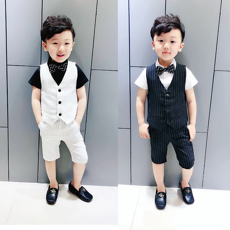 

Kids Tuxedo Formal Suit Baby Boy Clothes Set Formal Dress Striped Vest + Shorts 2PCS Summer Prom Sets Party Wedding British 2018