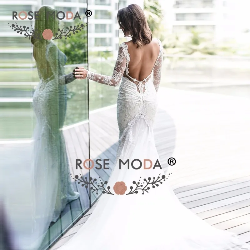 long sleeves backless wedding dressb