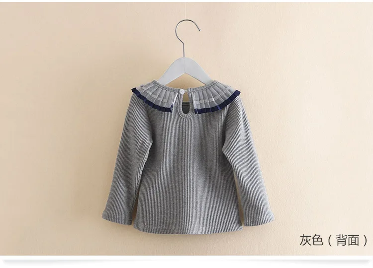 2018 Spring Autumn 100% Cotton White Grey Pink Solid Color Long Sleeve Pleated Turn-Down Collar Neck T Shirt For Girls 10 Years (8)