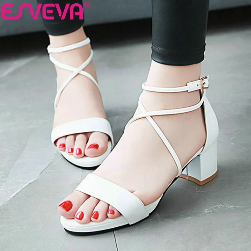 

ESVEVA 2019 Women Pumps PU Leather Buckle Strap Sandals Square High Heels Fashion Round Toe Summer Pumps Shoes Women Size 34-43