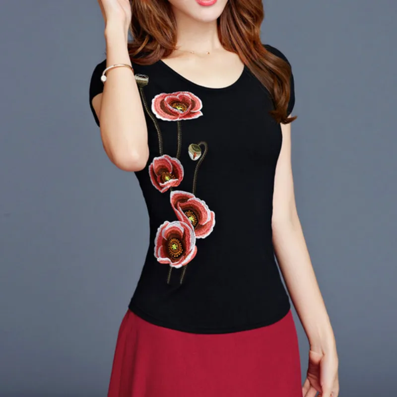 

Female 5XL Plus Size Brand Embroidery Summer T-Shirt Women Short Sleeve Casual T Shrit Lady O-Neck Cotton Tees Tops RE2346