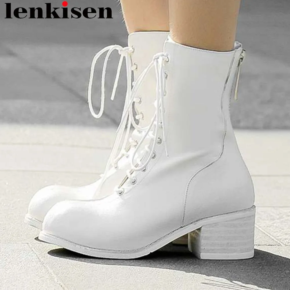 

Rock style plus size motorcycle boots round toe med square heels soft genuine leather vintage zipper winter mid-calf boots L21