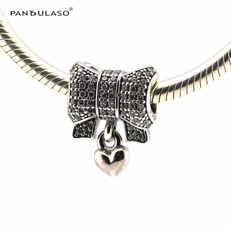 

Pandulaso Sparking Bow Heart Charm Fits Sterling Silver Jewelry Bracelets For Woman DIY Beads Original Charms Jewelry Making