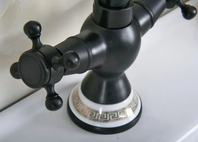 Oil Rubbed Bronze Dual Cross Handles Ceramic Base Bathroom Kitchen Basin Sink Faucet Mixer Tap Swivel Spout Deck Mounted mnf649
