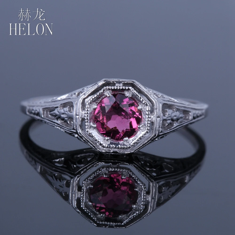

HELON Women's Jewelry Art Deco Ring Solid 14K White Gold 5mm Round Genuine Tourmaline Vintage Style Engagement Wedding Ring