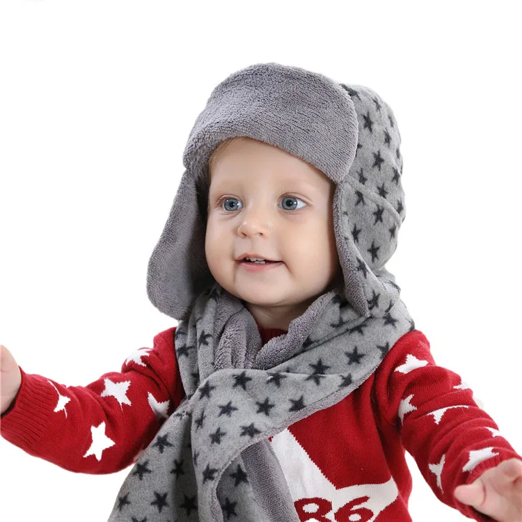 

3 Pcs Warm Winter Baby Earflap Hat Scarf Mitten Set Warm Fleece Children Boys Beanie Cap Toddler Kids Aviator Cap