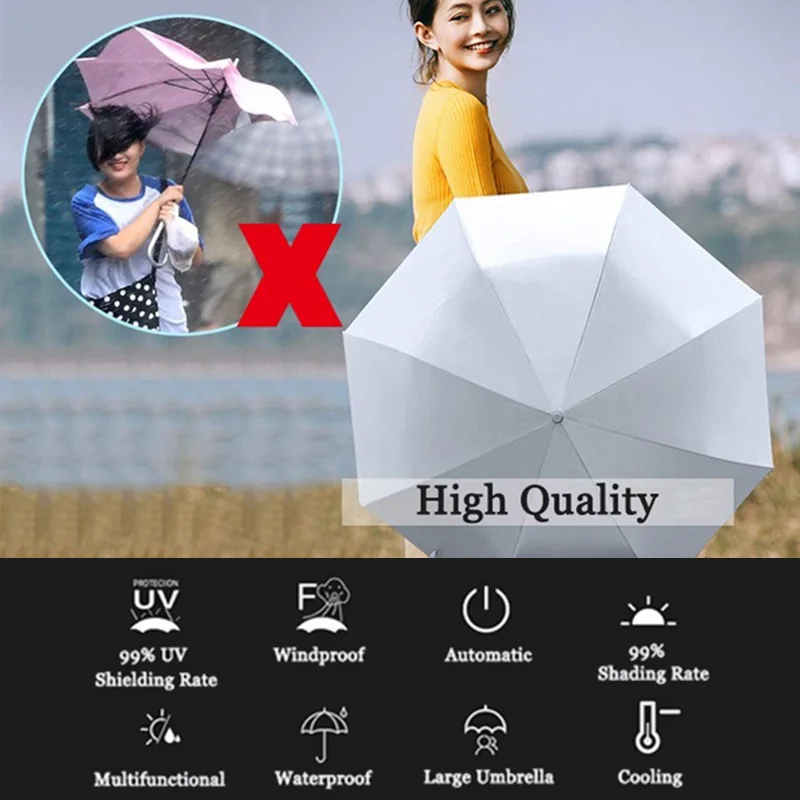 Black Coating Automatic Umbrella Outdoor Sunshine Rain Umbrellas Protective Rainy Day Large Sunshade Dustproof Double Layer