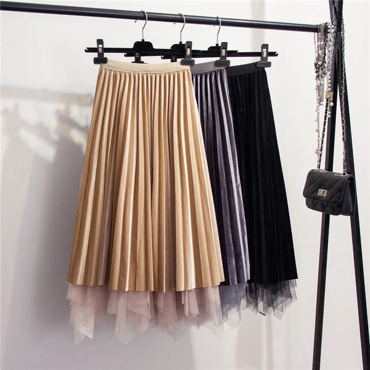 

2019 Spring New Arrival Irregular Mesh Bottom Skirt Women's Retro Gold Velvet High Waist Pleated A-shaped Medium-length Skirt