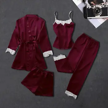 

5 Pieces Women Pyjama Sexy Lace Nightdress Sleep Lounge Pijama Silk Nightwear night gown set of 5 pieces satin pyjamas for women