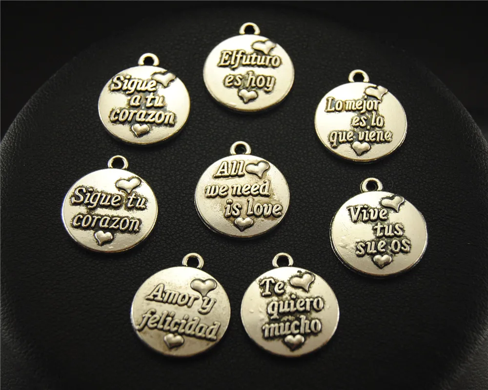 5pcs Antique Sliver spanish language for love Round Charm Bracelet