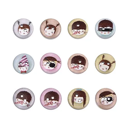 50Pcs 2 Holes Princess Cat Heart Robot Printed Wooden Button Round 15mm Decorative Wood Buttons For Clothing Sewing Decoration - Цвет: 503-boy girl