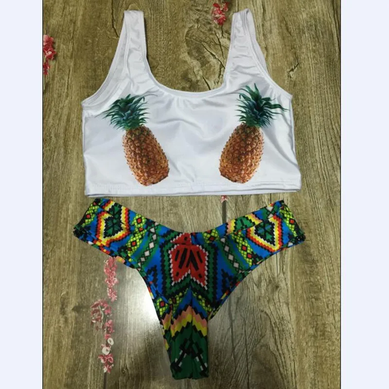 

Women bikinis 2017 white vest biquini pineapple tops swimsuit sexy thong bottoms swimwear Y shape geometric printed bathing suit