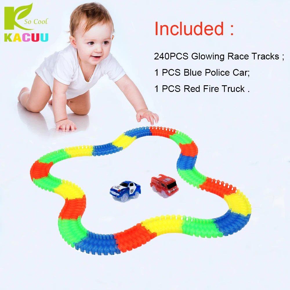 Magical 240pcs Tracks +2 Cars Glow in the dark Big Size 7.5CM Girls Boys Plastic Racing Track Toys For Children Kids Gifts