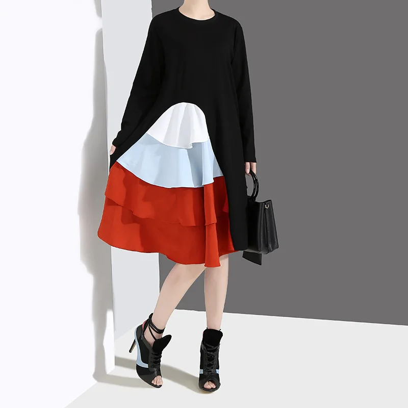 

Johnature Irregular Dresses Women Spring O-Neck Long Sleeve Cascading Ruffle Hit Color Loose Pullover Fashion Dresses 2019 New
