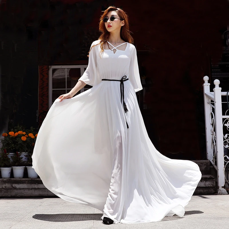 

Plus Size Fashion women summer chiffon maxi beach dress elegant white long dress bohemian sleeve boho dress party dress