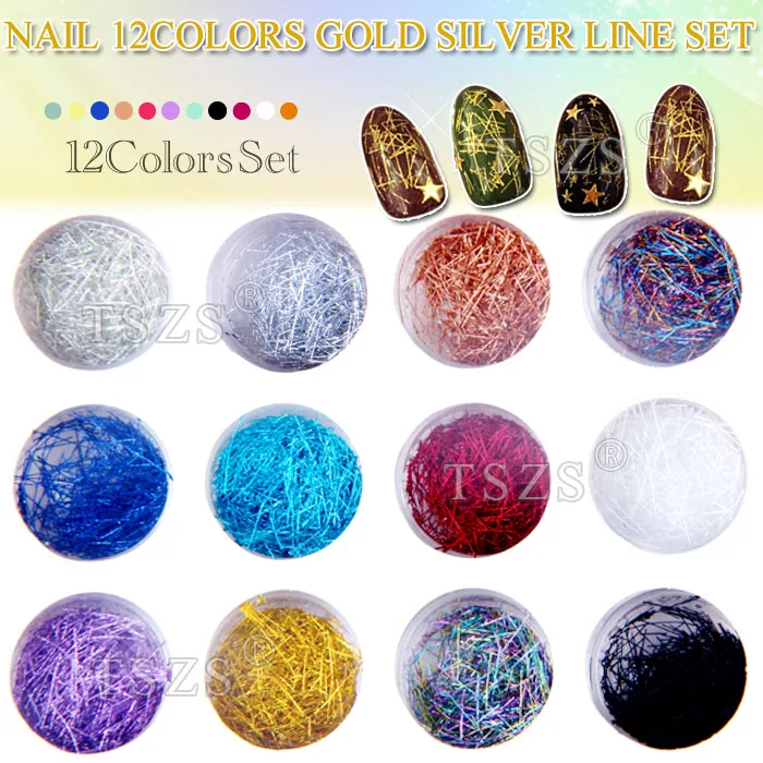 

1set /lot 12 color Metallic Gold Silver Line String Rolls Glitter Extra Fine Wire Line DIY Nail Art Tips Decorations accessoires
