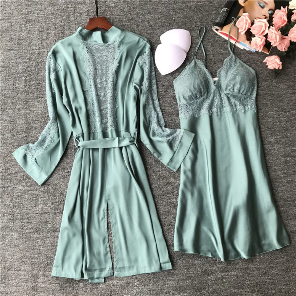 

2019sexy women's robe & gown sets twinest bathrobe + mini night dress two pieces sleepwear womens sleep set faux silk Intimate