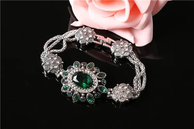 Роскошный брендовый Кристальный браслет для женщин, винтажный турецкий античный серебряный цвет, ювелирное изделие с зеленым циркониевым кристаллом