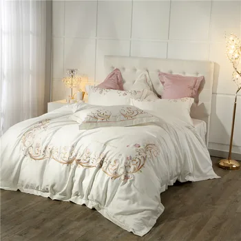 

Cream Whie Grey Princess style Egyptian Cotton Bedding Set Queen King size Bed set Pink Purple Bed Duvet Cover Bed Sheet set 40