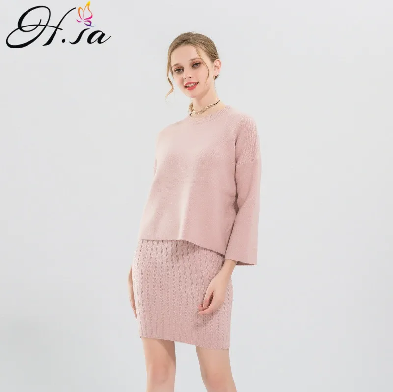 

H.SA 2017 Ladies Elegant Knit Suit Pullover and Skirt 2 pcs Suits Slim Blue Pink Sweater Tops Long Sleeve Slim Casual Jumpers