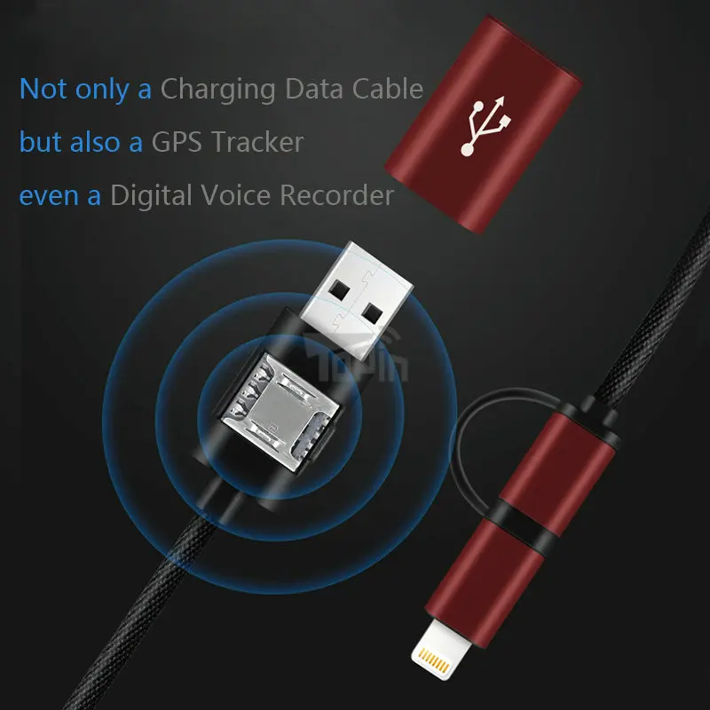 Micro-USB Lightning 2in1 Data Charging Cable GPS Tracker Wifi LBS Remote Tracking Voice Monitor for