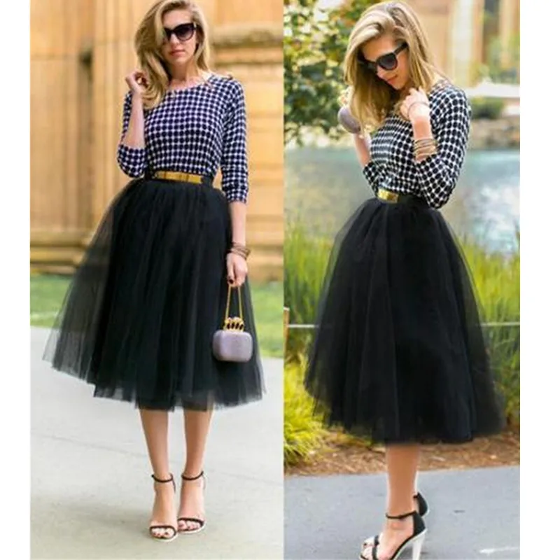 Black Mesh Tulle Elastic Waist Knee Midi Tea Length A Line Ballerina Skirt NWT