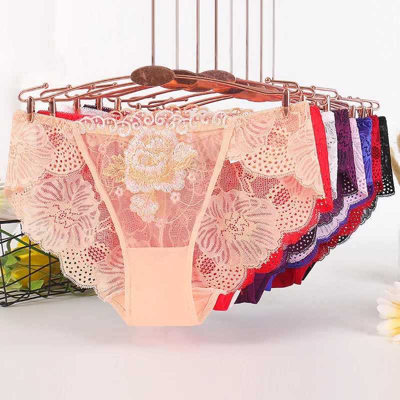 

Gumprun New Rose Printing Lace Panties Cotton Breathable Cozy Underwear Women Mid-Waist Sexy Lingerie Hollow Seamless Briefs