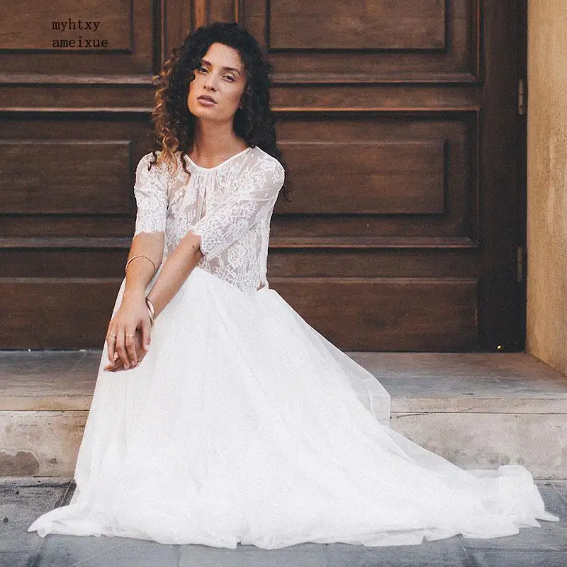 

Beach Cheap Wedding Dress Two Pieces Scoop Half Sleeve A-line Lace Top White Ivory Floor Length Bride Dress Wedding Gown 2022