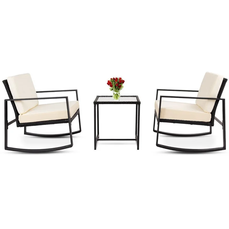 

3pcs Rattan Wicker Rocking Chair Set Garden with Cushions 1 Coffee Table 2 Rocking Chairs 2 Seat Cushion 2 Back Cushion HW58603