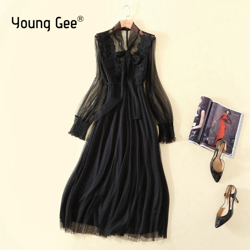 

Young Gee Two Piece Women Lantern Sleeve Bow Collar Dresses NEW Sweet Floral Lace Dress Female Polka Dots Mesh Dress Vestido