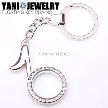 

10pcs/lot Newest Rhinestone Musical Note Locket Keychain Floating Locket with Keychains Rings Charms Locket Pendant