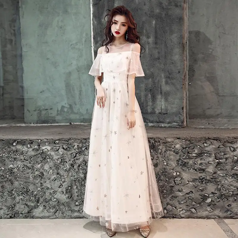 Rhinestone Exquisite Women Mesh Dress Elegant Bride Wedding Party Cheongsam Flare Sleeve Retro Gown Off Shoulder Robe De Soiree - Цвет: Champagne Long