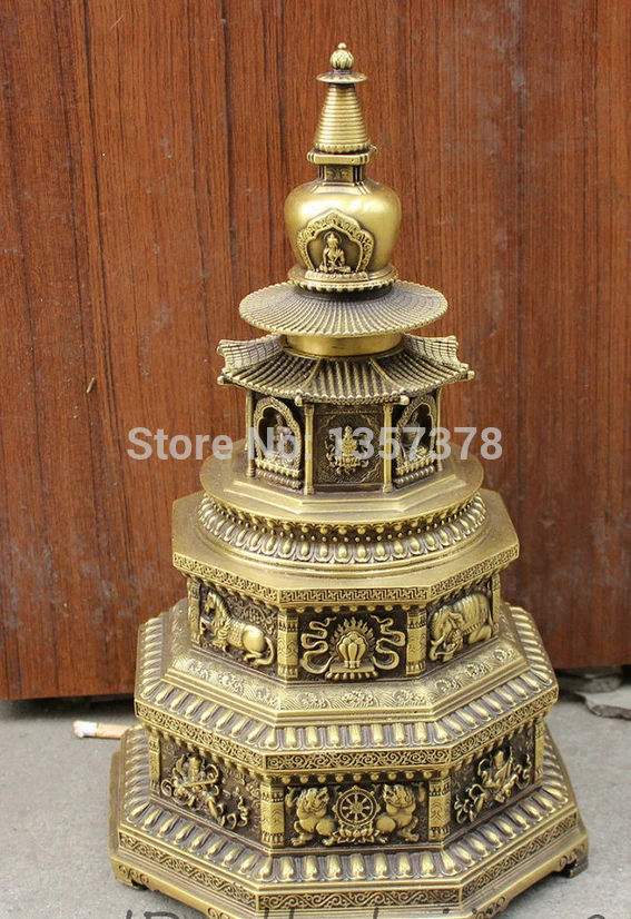 

shitou 00551 16" Chinese Pure Brass Buddhist Auspicious Smybol Statue Buddha Stupa Sculpture