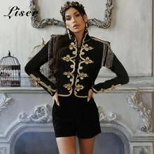 Liser летний Для женщин куртка с высоким, плотно облегающим шею воротником Бисер куртки с лентами сексуальное облегающее; элегантные туфли в стиле знаменитостей; вечерние Черная курточка Vestidos