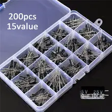 Kit de caja surtido de condensadores electrolíticos de alta calidad, 15 valores, 200 uds, almacenamiento de organización, 0,1-220uF