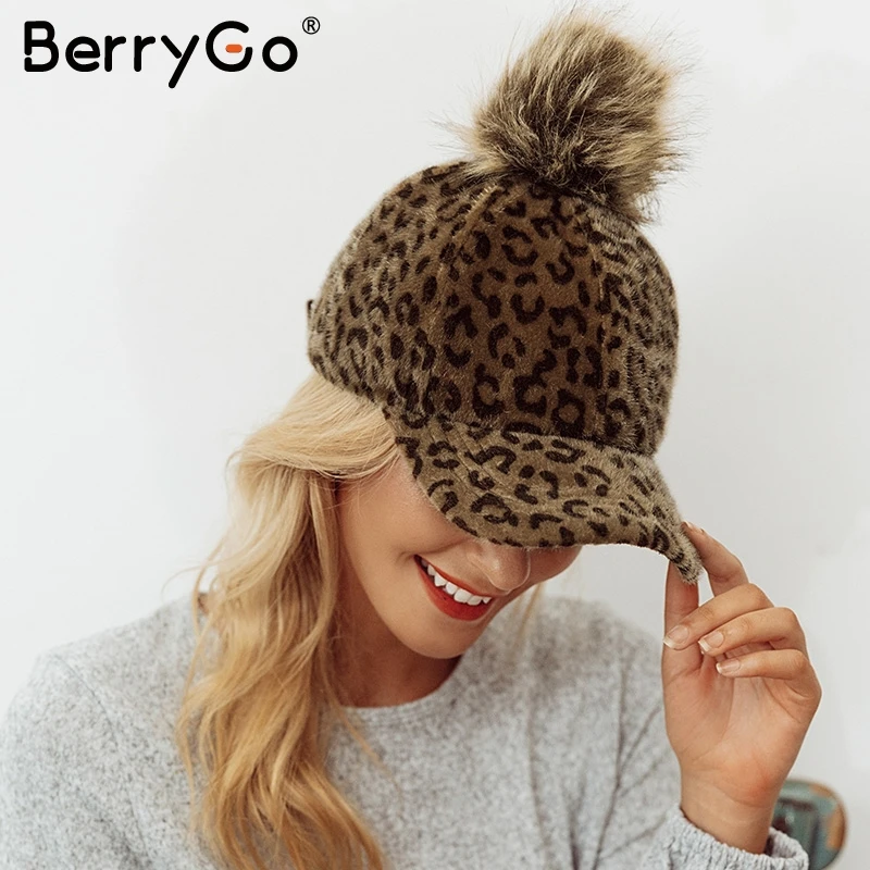 

BerryGo New baseball faux fur caps 2018 Winter cap for women pompom ball Leopard cap adjustable casual snapback hat cap