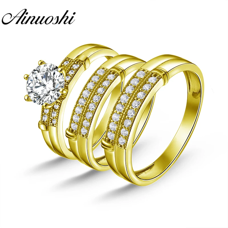 

AINUOSHI 5.9g Real Gold TRIO Rings 10k Yellow Gold Couple Wedding Ring Set Rows Drill Band Lover Engagement Wedding Ring Jewelry