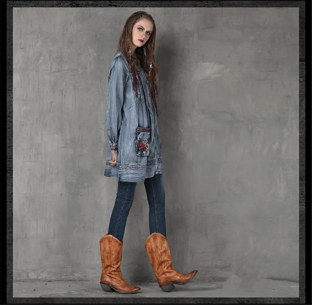 Vintage Floral Embroidery Women Dress Cotton&Linen Loose Stand Collar Dress Denim Womens Long Sleeve Dresses Vestidos Femininos  (6)