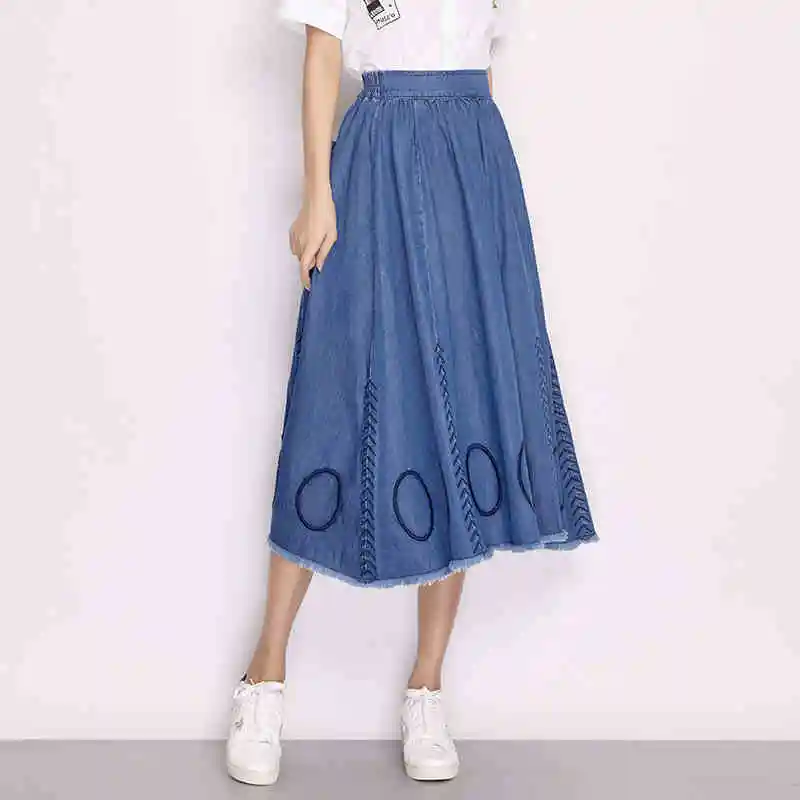 

LEIJIJEANS New Arrival Spring Plus Size Rice Ear Pattern Circle Embroidery Mid Calf Loose Women Denim Pleated Skirt 6524