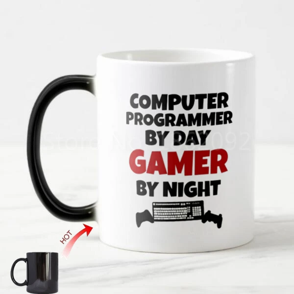 

Funny Computer Programmer by Day Gamer by Night Coffee Mug Ceramic Color Change Game Gaming Gifts for Coworker Quirky Cool Cups