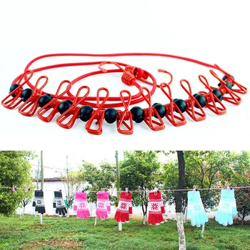 

Outdoor Portable Clothes Line Stretch Windproof Camping Elastic Laundry Rope 12 Clips Metal Hooks
