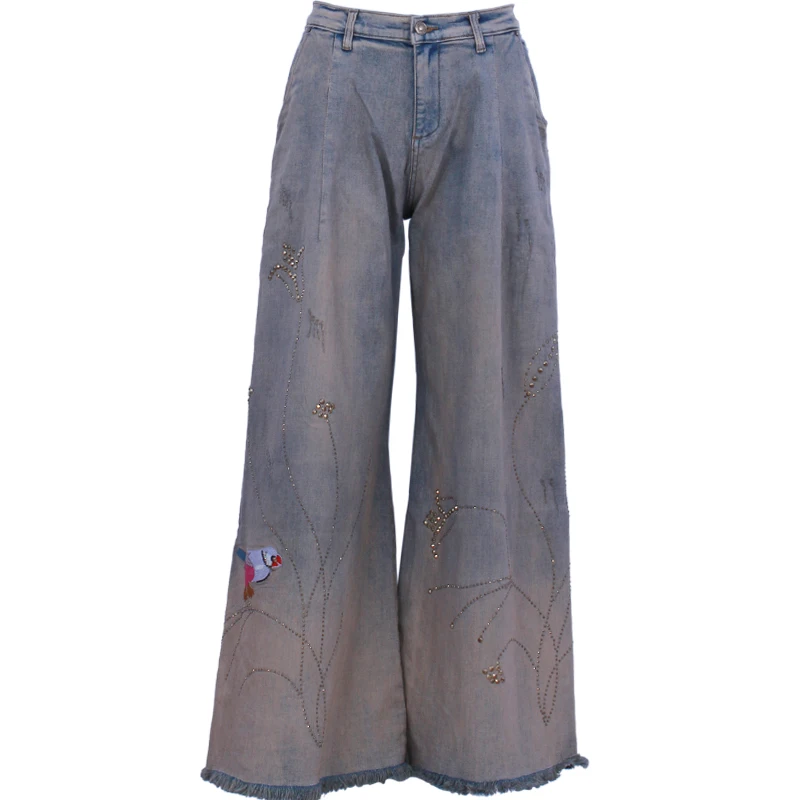 Весна лето женские джинсы Новые Модные свободные лотоса Горячие Вышитые высокой талией свободные широкие джинсы