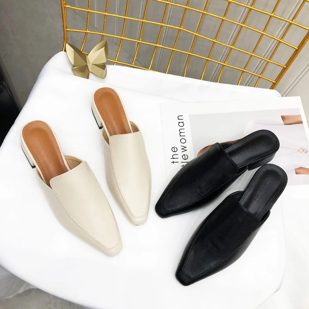 

Women Comfortable Mules Soft Leather Slippers Pointed Toe Slides Casual Slides Spring Summer Shoes